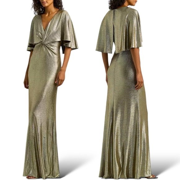 NWT LAUREN Ralph Lauren Metallic Knit Twist Front Cape Gown Size 6 - Picture 1 of 11